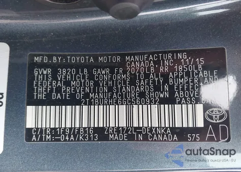 2016 Toyota Corolla Le из США, поврежденный, VIN 2T1BURHE6GC560932